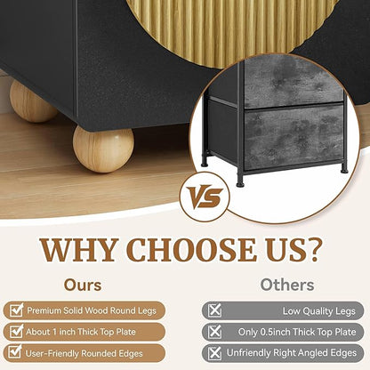 23" Black Nightstand with Solid Wood Legs Set of 2, Modern Style Fluted Bedside Table with Round Moon Handle & Storage, Mid Century Night Stand for Bedroom, Side Table, End Table