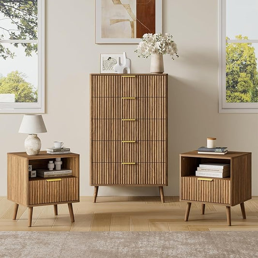 LYNSOM Fluted Dresser and Nightstand Sets 3 Piece, 5-Drawers Dresser and 1-Drawer Nightstands Set of 2, Wood Bedroom Furniture Set for Home, Bedroom, Hallway, Walnut