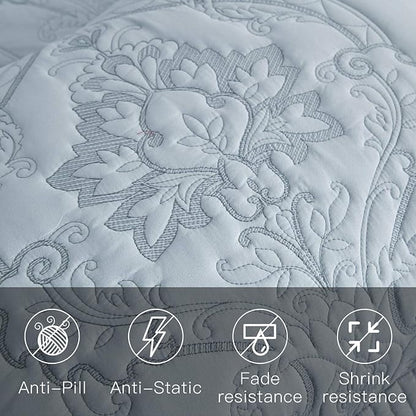 CHIXIN Oversized Bedspread Coverlet Set King Size - Lightweight Bedding Cover - Beautiful Stitching - 5 Piece Reversible Bedspread - Gorgeous Damask Paisley Pattern (King, Light Grey)