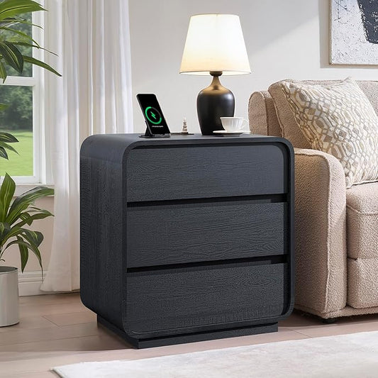 Modern Black Nightstand with Charging Station, 25" Tall Wood Bedside Table, End Table with 3 Storage Drawers, Curved Profile Night Stand for Bedroom, Dorm, Sofa, Office