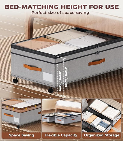 Under Bed Storage, 35.5 inches Under Bed Storage with Wheels, Large Capacity UnderBed Containers with Clear Lids, 2Pcs Rolling Under the Bed Storage for Clothes, Shoes, Blankets Black (Deep Gray)