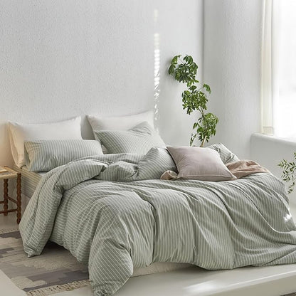 MooMee Striped Duvet Cover Set 100% Washed Cotton Linen Like Textured Breathable Durable Soft Comfy (Sage Green White Wide Stripes, Super King Plus 120"x120")