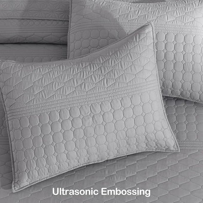 HORIMOTE HOME Grey Queen Size Quilt Set - Soft Microfiber Bedspread with 2 Shams, Lightweight & All-Season Geometric Coverlet for Cozy Bedding