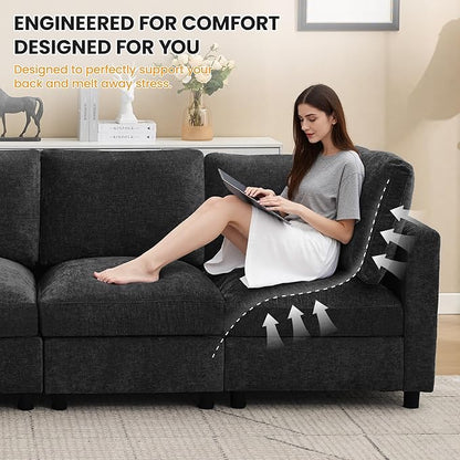 116'' 4-Seater Modular Sectional Cloud Sofa, Straight-Line Couches for Living Room, Modern Upholstered Deep Seat Sofa, Chenille Dark Grey