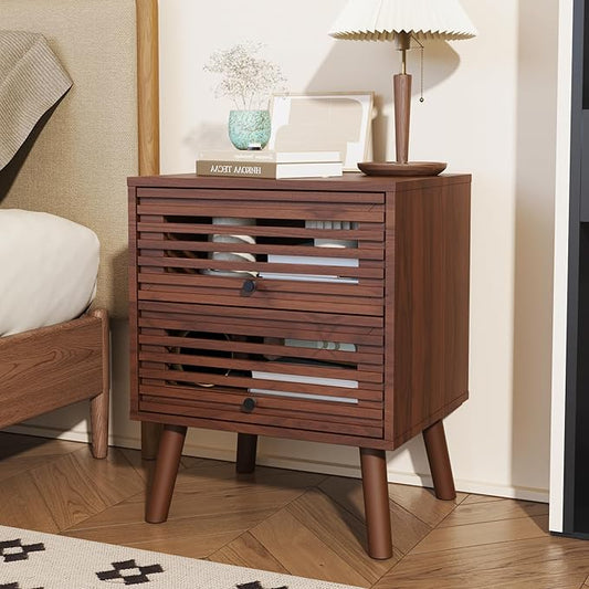 Nightstand, Side Table, End Table, Mid Century Modern Nightstand with Hollowed Drawers, Bedside Tables, Small Nightstands with Storage for Bedroom, Walnut