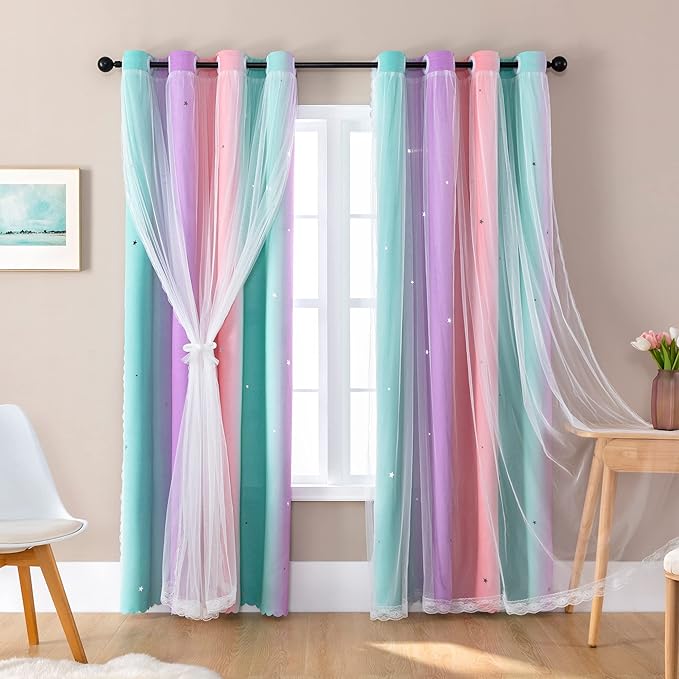 XiDi Curtains for Bedroom Decor, Rainbow PinkPuGreen-34-96