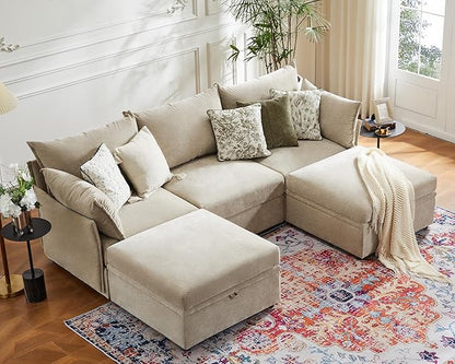 ABCASA 102.6" U Shaped Modular Sectional Sofa, 5 Seater Couch with Storage Ottoman Deep Seat and High Backrest with Removable Cover for Living Room, Apartment - Chenille Beige