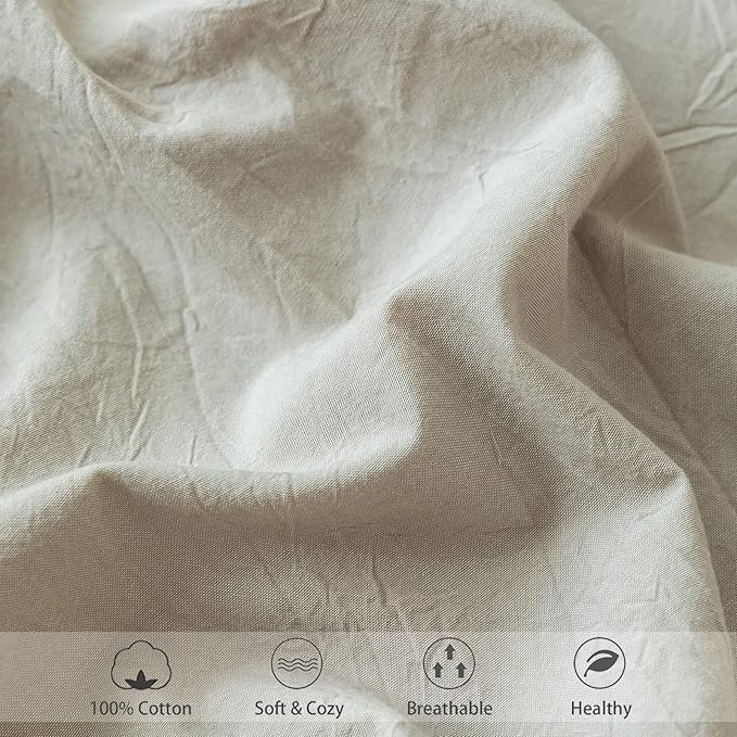 MooMee Fitted Bottom Sheet Only 100% Washed Cotton Linen Like Textured Breathable Durable Soft Comfy Deep Pocket Fits Mattress up to 17" (Cream Grey, Twin)
