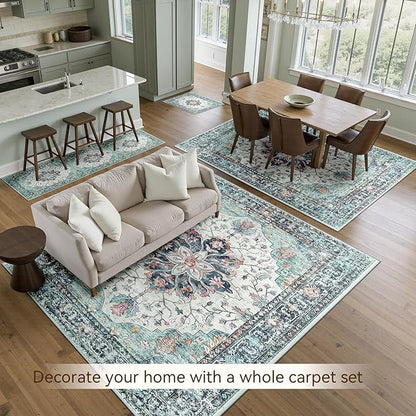 Area Rugs 6'x8' Washable Non-Slip, Floral Vintage Distress Print Pattern Medallion Carpet for Living Room Bedroom Dining Room, Green Navy Blue White Red Teal Colorful
