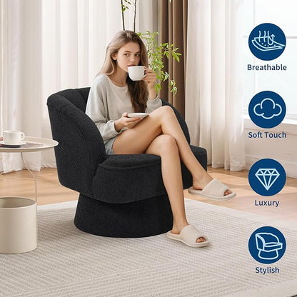 GarveeHome Modern Swivel Barrel Accent Chair, 360° Teddy Fabric Upholstered Armchair with Striped Backrest & Plush Padding, Comfy Round Lounge Chair for Living Room, Bedroom, Reading Nook, Black 2 PCS
