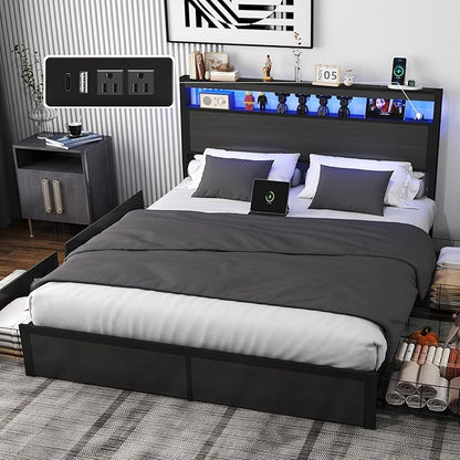 Queen Bed Frame with Storage Headboard and 4 Drawers, Metal Platform Bed Frame with LED Light, Charging Station, No Box Spring Needed, Noise Free, Easy Assembly,Charcoal Grey