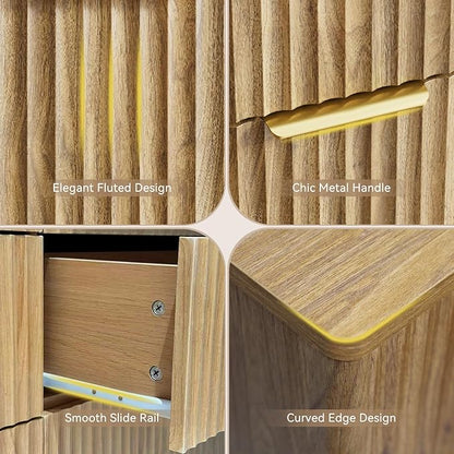 CARPETNAL Fluted 9 Drawer Dresser for Bedroom, 55" Wide Wooden Chest of Drawers with Rounded Corners, Gold Handles, Modern Storage Organizer for Bedroom, Hallway (Oak)