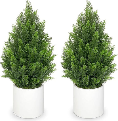 Briful 27” Artificial Cedar Topiary Tree in White Planter, 2PCS – Realistic Faux Evergreen Floor Plant with Layered Leaves, Decorative Indoor Outdoor Potted Shrub for Home, Office, Patio, Porch