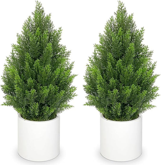 Briful 27” Artificial Cedar Topiary Tree in White Planter, 2PCS – Realistic Faux Evergreen Floor Plant with Layered Leaves, Decorative Indoor Outdoor Potted Shrub for Home, Office, Patio, Porch