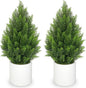 Briful 27” Artificial Cedar Topiary Tree in White Planter, 2PCS – Realistic Faux Evergreen Floor Plant with Layered Leaves, Decorative Indoor Outdoor Potted Shrub for Home, Office, Patio, Porch