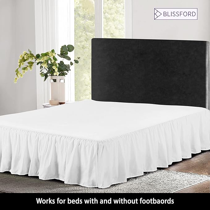 BLISSFORD White Bed Skirt King Size 21 inch Drop - with Split Corners - Cotton Blend Ruffled Bedskirt, Dust Ruffle with Platform, White King Bed Skirt, Machine Washable