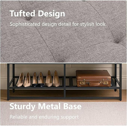 Storage Ottoman Bench with Upholstered Tufted Linen Fabric, Large End of Bed Bench with Iron Frame Rectangular Foot Stool for Living Room, Bedroom, Entryway Gray
