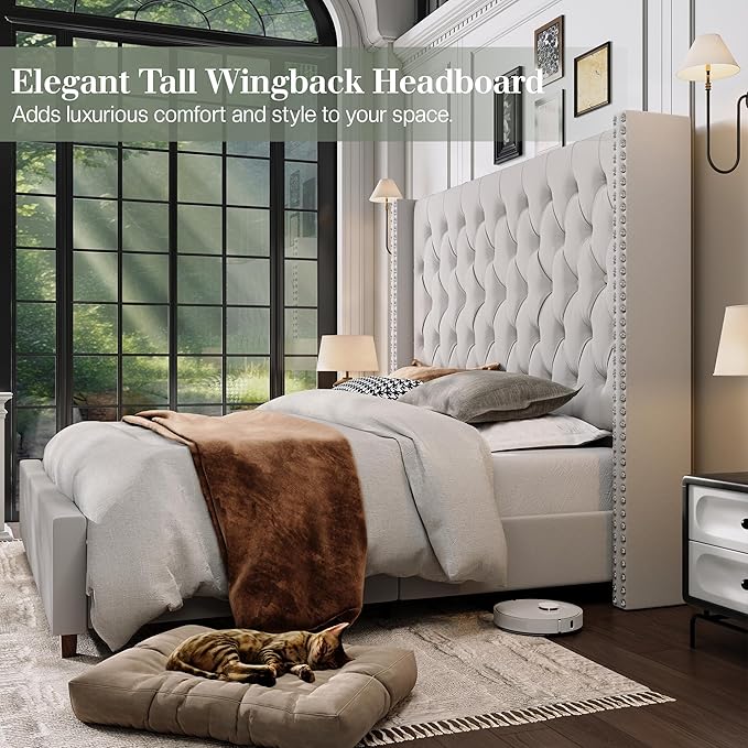 Jocisland King Size Bed Frame with 61.4" Tall Headboard, Velvet Upholstered Wingback Platform Design, Handcrafted Pleats& Deep Button Tufted, Solid Wood Legs, No Box Spring Needed, Cream
