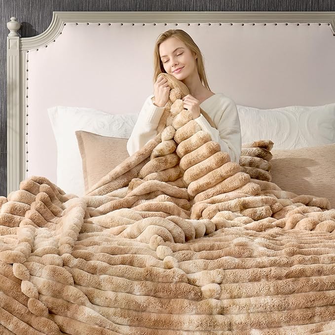 Cozy Bliss Faux Fur Throw Blanket for Couch, Cozy Warm Plush Striped Blanket for Sofa Bedroom Living Room, 108 * 90 Inches Tie-dye Khaki