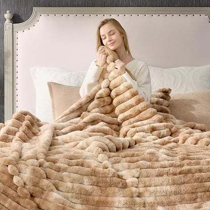 Cozy Bliss Faux Fur Throw Blanket for Couch, Cozy Warm Plush Striped Blanket for Sofa Bedroom Living Room, 90 * 90 Inches Tie-dye Khaki