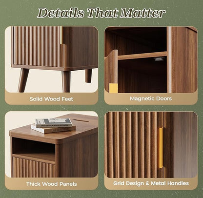 Huuger Narrow End Table with Charging Station, USB-C Port, Fluted Nightstand with Storage Cabinet, Back Rack, Farmhouse Side Table for Small Spaces, 13.4 × 23.6 Inch Night Stand, Walnut