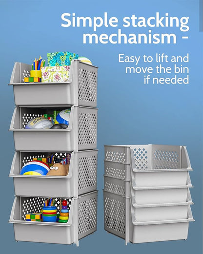 TidyFriend Stackable Storage Bins for Pantry, 4 Pack Stackable Bins For Organizing Food, Kitchen, and Bathroom Essentials (Light Grey)
