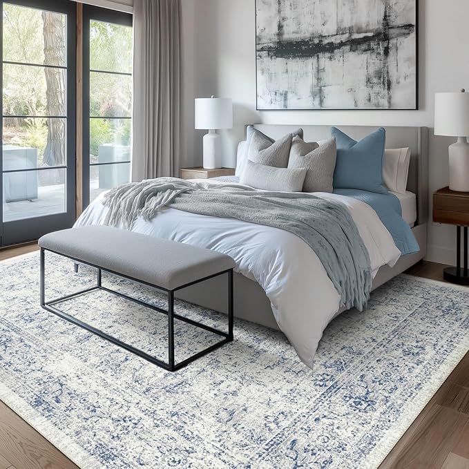 vivorug 9x12 Area Rugs for Living Room, Non Slip Machine Washable Vintage Rug, Ultra-Thin Lightweight Large Area Rug for Bedroom, Dining Room, Low Pile Blue
