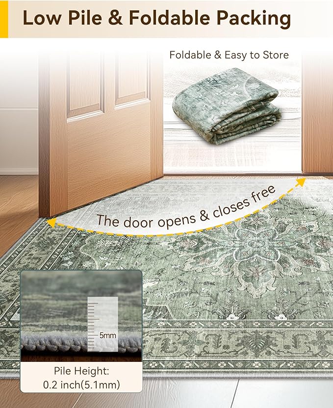 Area Rugs Square 7ft Washable Non-Slip, Floral Vintage Distress Print Pattern Medallion Carpet for Living Room Bedroom Dining Room, Dark Green Gray