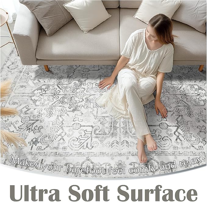 jinchan Lima 8x10 Area Rug for Living Room Washable Soft Throw Rug Ultra-Thin Stain Resistant Non-Slip Distressed Vintage Floral Large Carpet for Bedroom Dining Room Home Office Nursery (8x10ft, Grey)