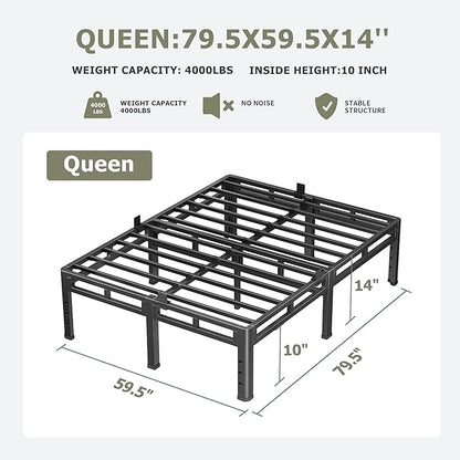 NKZ Queen Size Bed Frame 14 Inch, Metal Bed Frame & Box Spring 2 in 1 Platform with Round Corner Legs, 4000lbs Weight Capacity Reinforced Metal Frame, Headboard Hole, Noise-Free, Easy Assembly