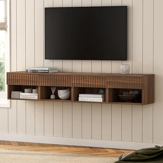 Floating Bedside Cabinet Set of Four with Drawers and Open Shelves, Compact Wall-Mounted Bedside Shelf, Modern Recessed Bedside Cabinet Suitable for Bedrooms and Living Rooms, Brown