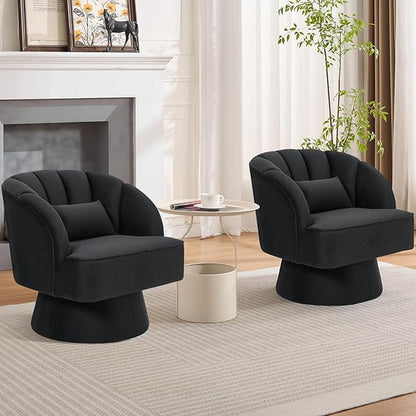 GarveeHome Modern Swivel Barrel Accent Chair, 360 Degree Velvet Upholstered Armchair with Striped Backrest & Plush Padding, Comfy Round Lounge Chair for Living Room, Bedroom, Reading Nook, Black 2 PCS