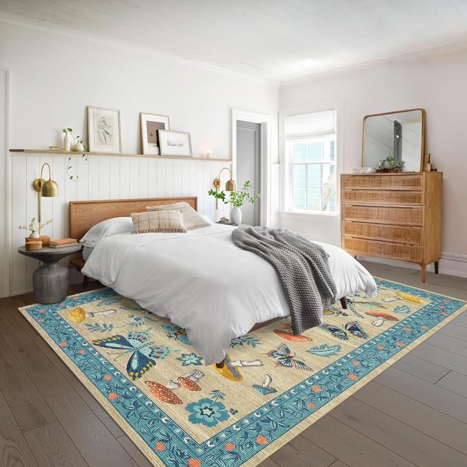 Mushroom Insect Washable Rug 5x7 Area Rugs for Bedroom Non Slip with Rubber Back Low Pile Stain Resistant Butterfly Carpet for Living Room Nursery Kitchen Dining Room Khaki Blue