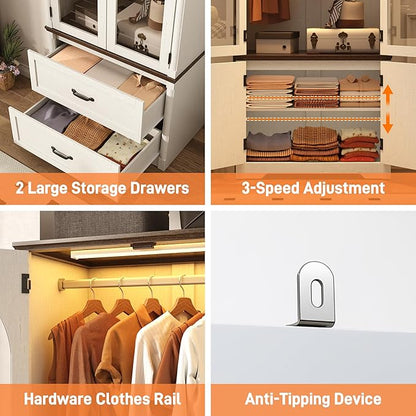 Tall Farmhouse 6 Doors Armoire Wardrobe Closet with LED ,72" Freestanding Arched Wardrobe Closet Cabinet for Bedroom w Glass Doors/Drawers,Wooden Clothing Storage Cabinet,Closets for Bedroom(White)