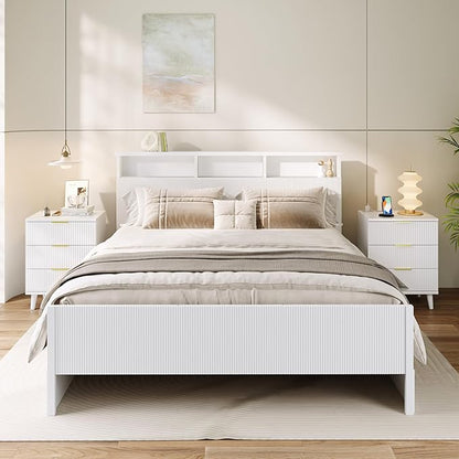 Fluted White Night Stand Set of 2 with USB Charging Station, 3-Drawer Dresser Wood Modern Bedside Table with Quiet Drawers & Large Storage End Table for Bedroom