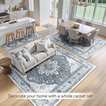 Area Rugs 2'x10' Washable Non-Slip, Floral Vintage Distress Print Pattern Medallion Carpet for Living Room Bedroom Dining Room, Light Gray Grey White
