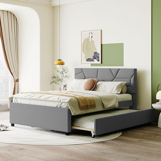 Full Size Bed Frame with Twin Size Trundle,Linen Upholstered Platform Bed Frame Full with Brick Pattern Headboard,Wood Slat Support Included,No Box Spring Needed,Easy Assembly,Gray