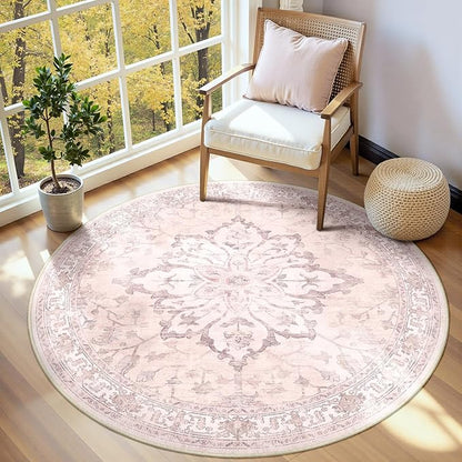 Area Rugs 4ft Washable Non-Slip, Floral Vintage Distress Print Pattern Medallion Carpet for Living Room Bedroom Dining Room, Pink Greypink Cute