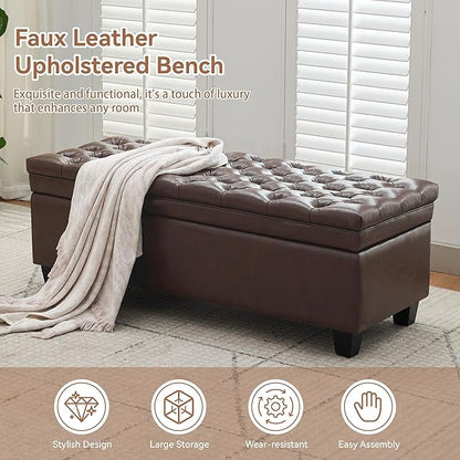 50" Faux Leather Storage Ottoman Bench, Upholstered Rectangle End of Bed Storage Ottoman Tufted Living Room Bedroom Bench with Safety Hinge, Solid Wood Legs, Loads 500 lb(Dark Rrown)