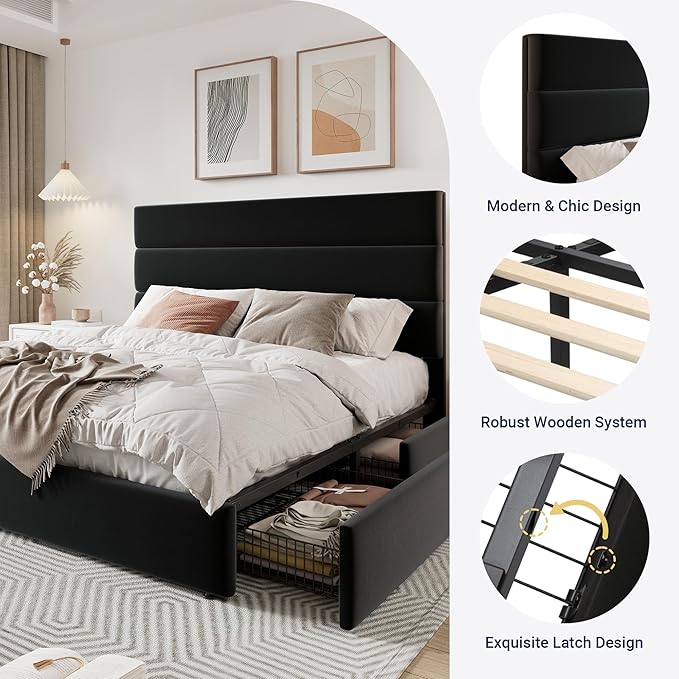 Allewie Modern King Size Platform Bed Frame with 4 Storage Drawers and Velvet Upholstered Headboard, Wooden Slats Support, Upholstered Mattress Foundation/No Box Spring Needed/Easy Assembly, Black
