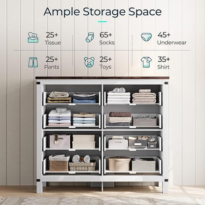 LINSY HOME Farmhouse 8 Drawer Double Dresser for Bedroom, 50” Wide Rustic Wood Chest with Deep Drawers, Modern Dressers with Storage and Metal Handles for Closet, Living Room, Hallway, Off White
