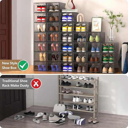 XX Large Clear Shoe Storage Box Organizer for Closet, 9 Pack Thicken Hard Plastic Stackable Shoe Sneaker Rack Display Case Container Bins Organizer, Easy Assembly, Grey