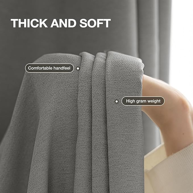 100% Blackout Curtains 72 inch Length 2 Panels Set for Dining Room Master Room, Thick Soft Linen-Look Textured Full Light Blocking Room Darkening Thermal Insulated Drapes (W52xL72, Grey)