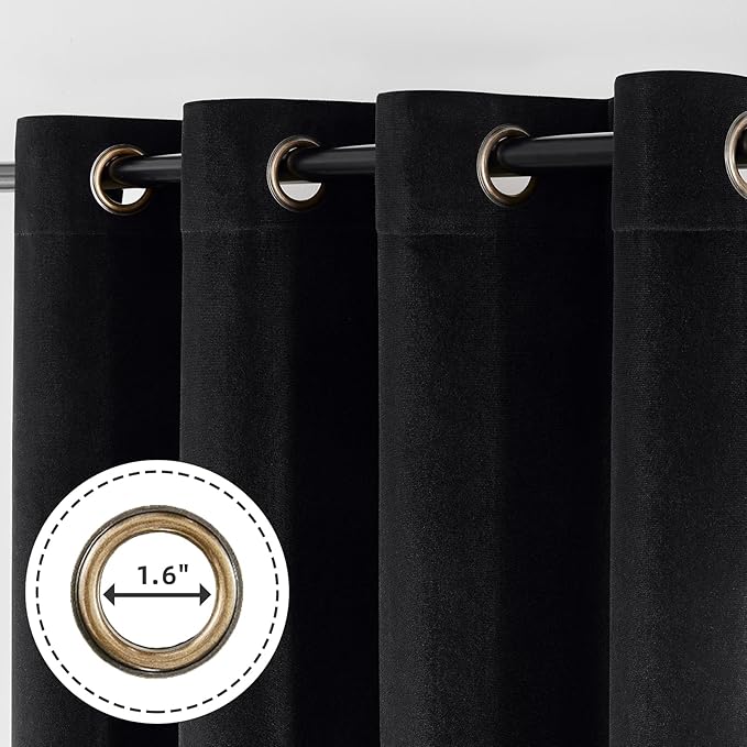 Joydeco Black 100% Blackout Curtains 90 Inch 2 Panels, Luxury Thermal Insulated Black Velvet Curtains for Bedroom Living Room, Soundproof Blackout Window Drapes, Grommet Top (52W x 90L)