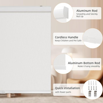 ChrisDowa Cordless Blackout Roller Shades for Windows, Striped Free-Stop Window Blinds with Privacy, Thermal Insulated Window Shades for Home, Office and Door. White, 53" W x 72" H