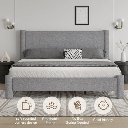 King Size Bed Frame, Boucle Upholstered Platform Bed with Headboard and Footboard, Soft Rounded Corners, No Box Spring Required, Easy Assembly, Light Grey