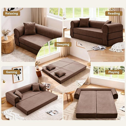 Convertible Folding Sofa Bed,78.5 Inch Faux Leather Futon Couch with Pillows & Storage Pocket,5-in-1 Queen Sleeper Sofa in a Box with Pull Out Bed,Boneless Couch for Living Room Bedroom,Brown