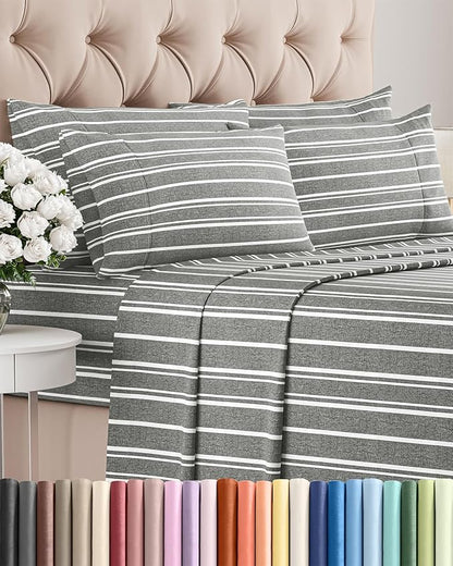 Queen 6 Piece Sheet Set - Cooling, Comfy & Breathable - Hotel Luxury Bedding, Includes Fitted Sheet for Women, Men, Kids & Teens - 1 Flat, 1 Fitted Sheet, 4 Pillowcases w/Deep Pockets - Grey Stripes