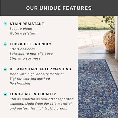 Dark Blue 3x10 Extra Long Wide Runner Rug for Hallway, Non Slip Washable, 10 ft Large Kitchen Indoor Floor Rugs for Entryway, Stain Resistant Vintage Floral Carpet