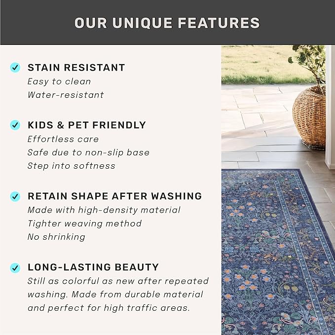 Dark Blue 2'6" x 8' Runners for Hallways Non Slip, Extra Long Floor Runner for Kitchen, Entryway Indoor, Washable Rubber Backing Stain Resistant - Vintage Navy Blue Floral Décor